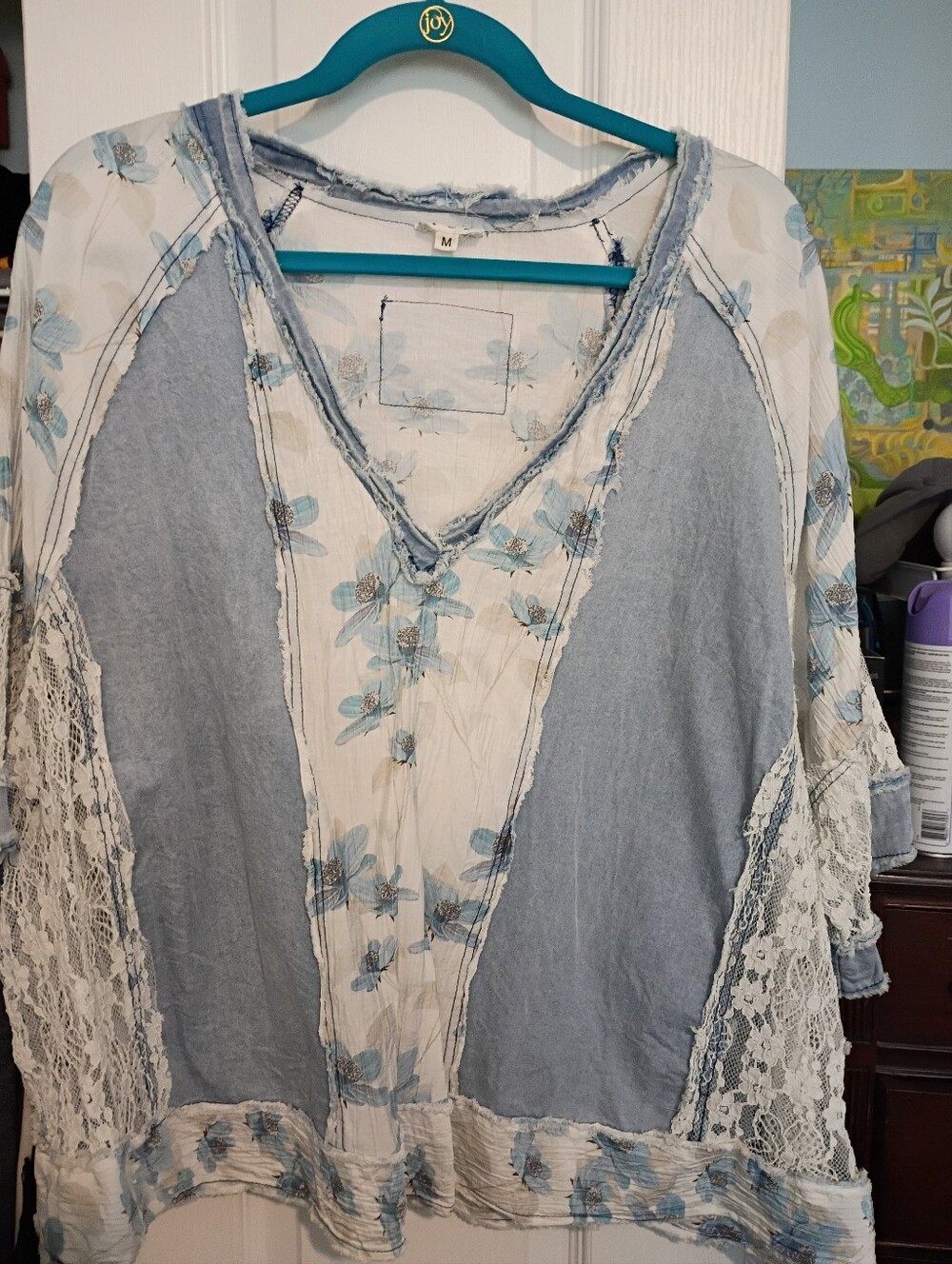 Light Blue Floral Lace V-Neck Women's Top